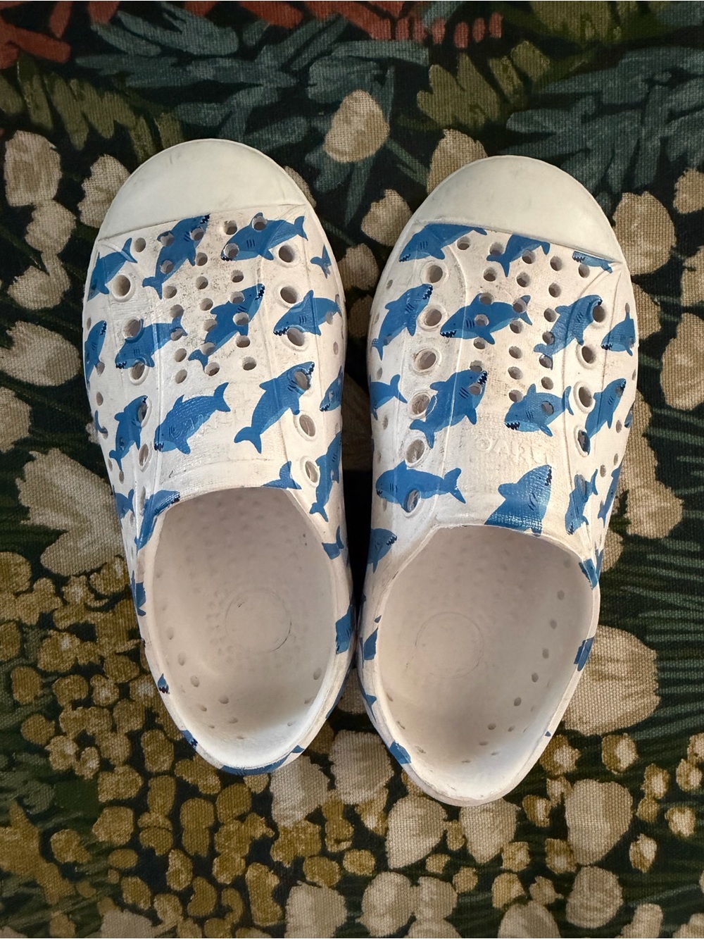 Native Shoes Kids White Slip-On Water Shoes with Blue Shark Print